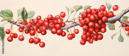 Trance painting of red berries on a bush branch in colored pencil sketch style. Interior decor .