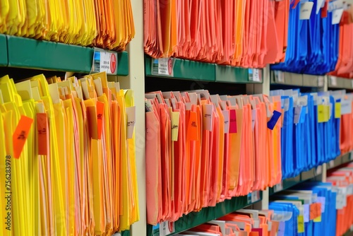 A close-up of old folders with brightly colored files that are methodically labeled and sorted on shelves in the office, showing organization and data © photolas
