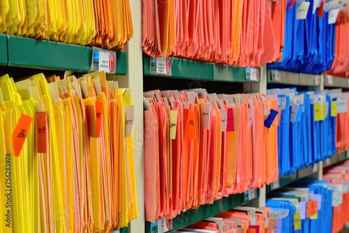 A close-up of old folders with brightly colored files that are methodically labeled and sorted on shelves in the office, showing organization and data