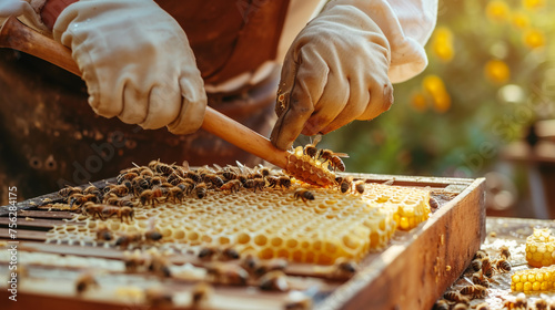 Beekeeper removing honeycomb from beehive. Farmer wearing bee suit working with honeycomb in apiary. Organic farming