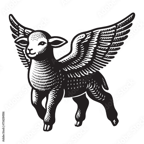 Flying little lamb with wings. Ram. Old vintage engraving illustration. Hand drawn outline graphic. Logo, emblem, icon. Isolated object, cut out. black and white	