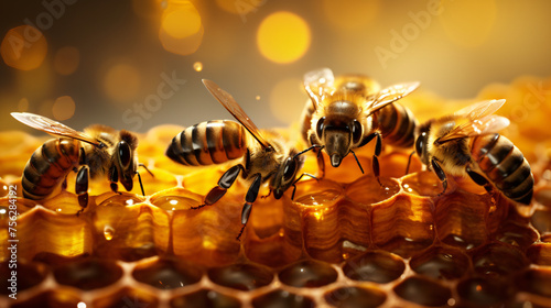 Macro shot of bees collecting honey