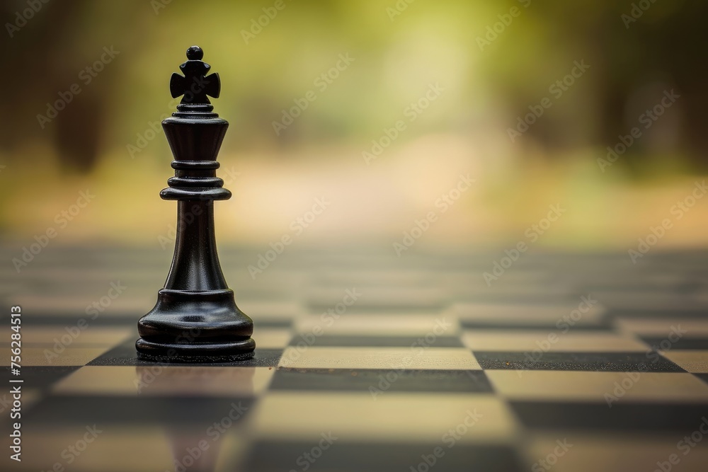 A single black chess king piece stands alone on a checkered board A single black chess king piece stands alone on a checkered board