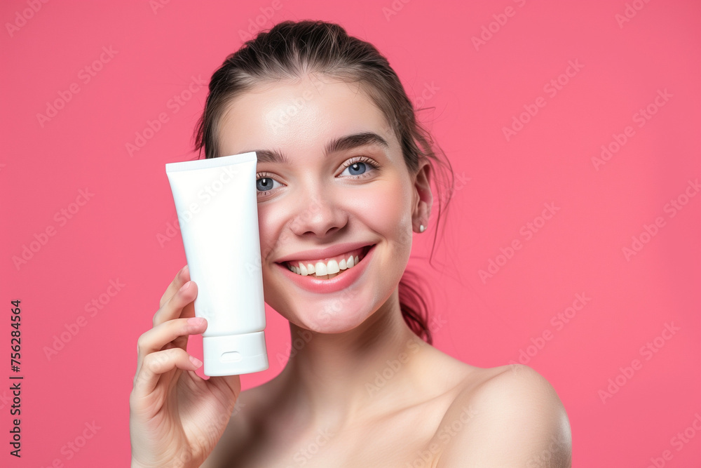 Young Woman Holding Cream in Hand on Pink Background