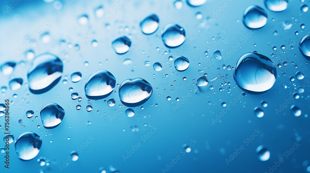 Macro water drops in blue clear drinking water panorama