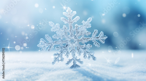 Macro view on snowflake with white winter landscape panorama © Anas