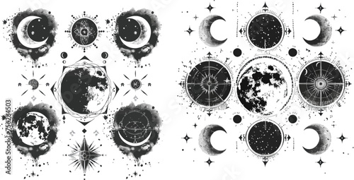 Mystic lunar phases for tattoo drawing