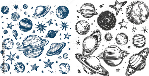 Doodle solar system. Hand drawn sketch planets