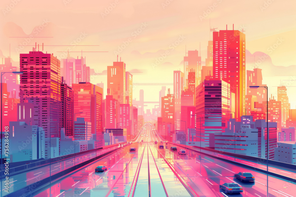 Sunset scene of future tech city Sunset scene of future tech city