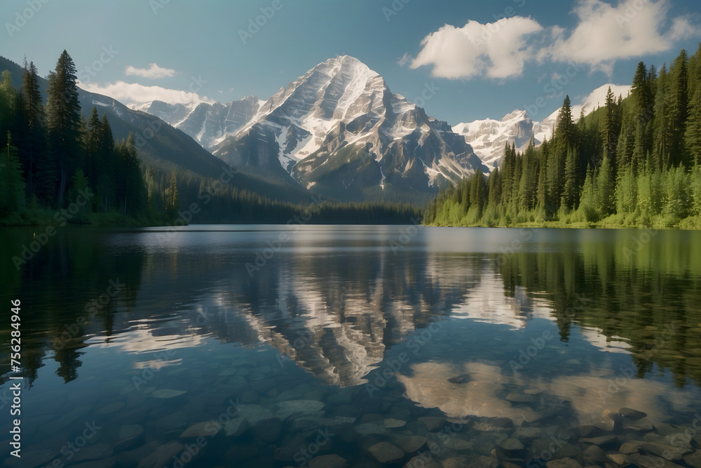 Landscape of a tranquil lake with mountains background