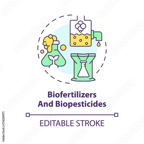 Biofertilizers and biopesticides multi color concept icon. Agriculture cultivation conditions. Crop improvement. Round shape line illustration. Abstract idea. Graphic design. Easy to use in article