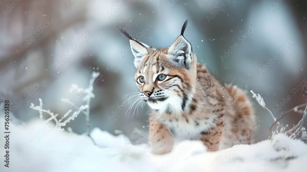 Beautiful lynx cat cub in the cold winter forest