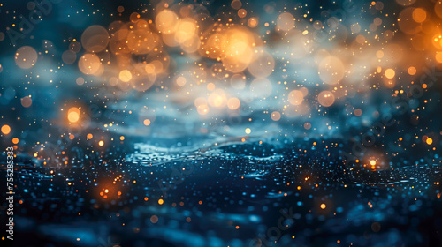 background with specs of gold and shiny bokeh stars on a windy blue surface