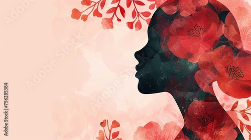 Silhouette von einer Frau zwischen roten Blumen, freier Platz für Text  photo