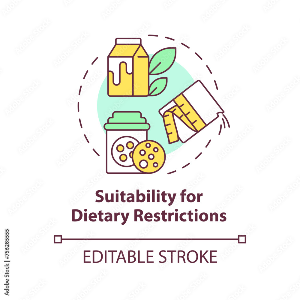 Suitability for dietary restrictions multi color concept icon. Lactose intolerance, vegetarian food. Round shape line illustration. Abstract idea. Graphic design. Easy to use in article, blog post