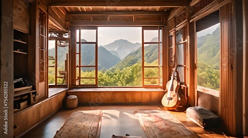 Brown wood cello displayed in sunny cozy living room. With beautiful mountain landscape with blurred background. photo