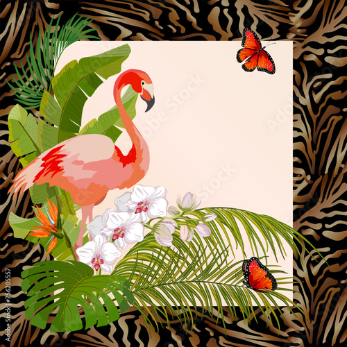 Fototapeta Naklejka Na Ścianę i Meble -  Flamingo in an abstract frame.Vector illustration of an abstract background with flamingos and tropical vegetation.