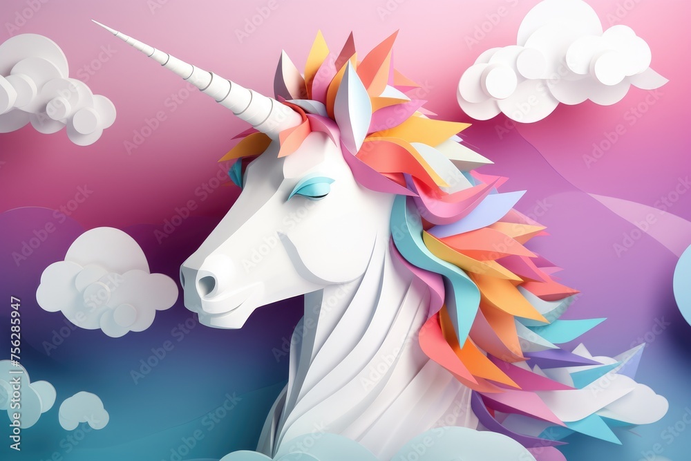 Fototapeta premium colorful unicorn in the clouds paper art illustration