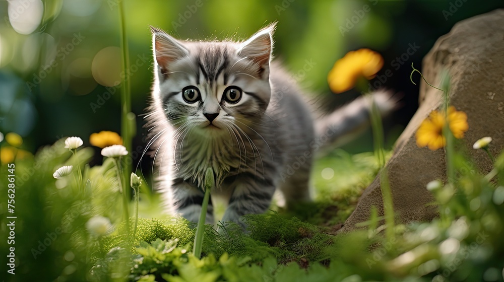 Gray kitten on green grass. Generative AI Gray kitten on green grass. Generative AI