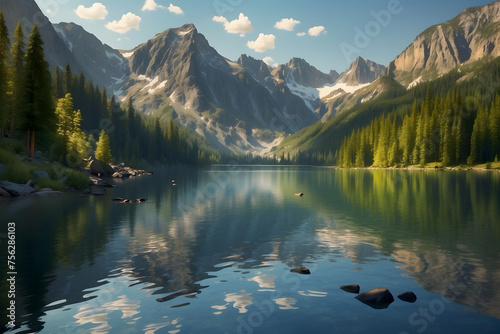 A landscape of a tranquil lake with mountains background © AungThurein