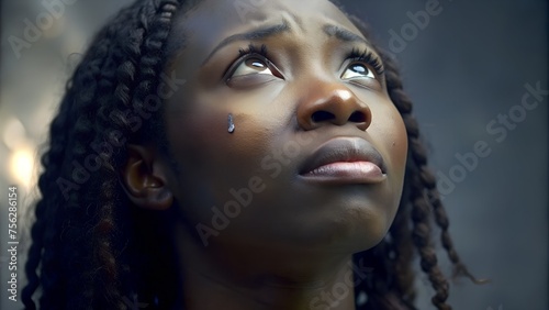 Emotional Christian Concept: Young Black Woman Moved by Grace photo