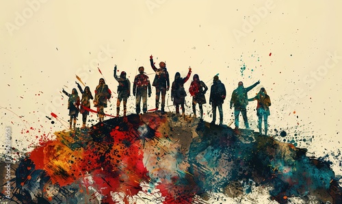 a group of people standing on top of a hill. Creative illustration