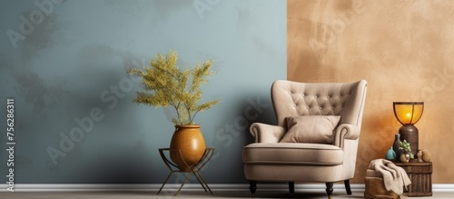Cozy armchair and decorations by neutral-colored wall. Room for text.