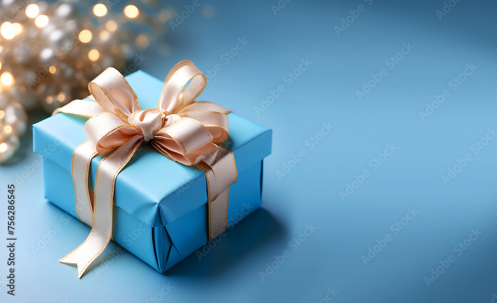 Obraz premium Un joli petit paquet cadeau d'anniversaire emballé avec un élégant ruban doré sur un fond bleu festif