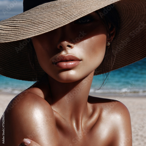 Une belle femme portant un grand chapeau en osier sur une plage de sable ensoleillée avec la mer en arrière plan évoquant les vacances d'été