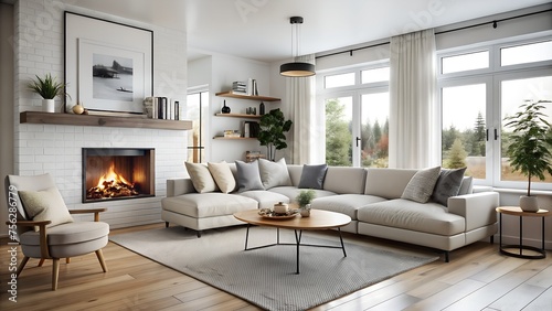 Scandinavian Modern Living Room  White Corner Sofa Near Fireplace