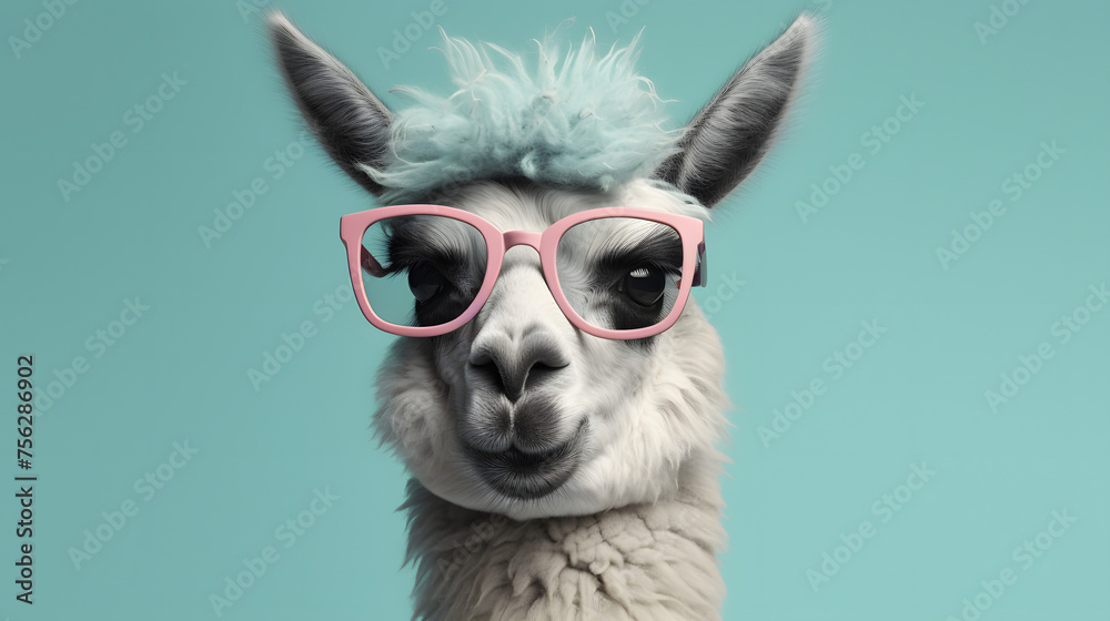 Artistic animal concept. with a place for text. llama wearing sunglass shade glasses