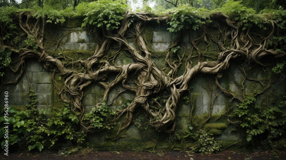 Ivy roots on wall. Generative AI