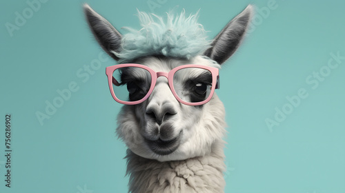 Artistic animal concept. with a place for text. llama wearing sunglass shade glasses © Oleksandr
