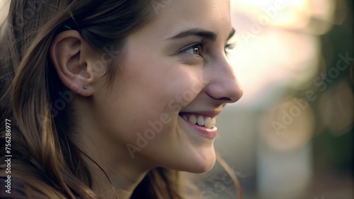 Elegant Side Profile of a Smiling Young Woman
