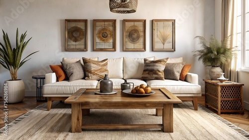 Boho Ethnic Home Interior: Rustic Coffee Table & White Sofa with Brown Pillows | Modern Living Room Design