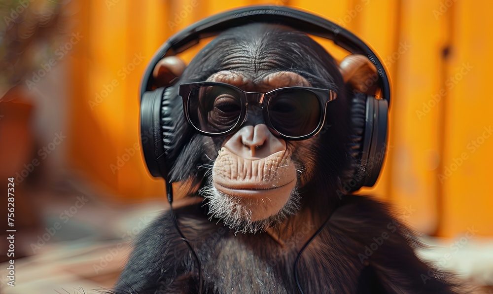 Little black monkey listening to music with big black headphones