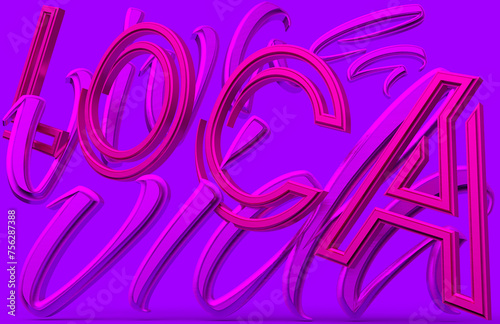 Abstract “viva la vida loca” 3D rendering pink violet lettering, purple background with pink purple lettering, backdrop, Virtual dynamic landscape, Fantastic panoramic wallpaper, Texture concept