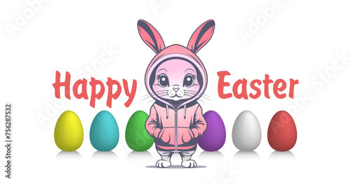 Vector cute cartoon beautiful eared pink rabbit or hare in a hoodie. Colored holiday eggs. Happy easter. Greeting card. White isolated background.