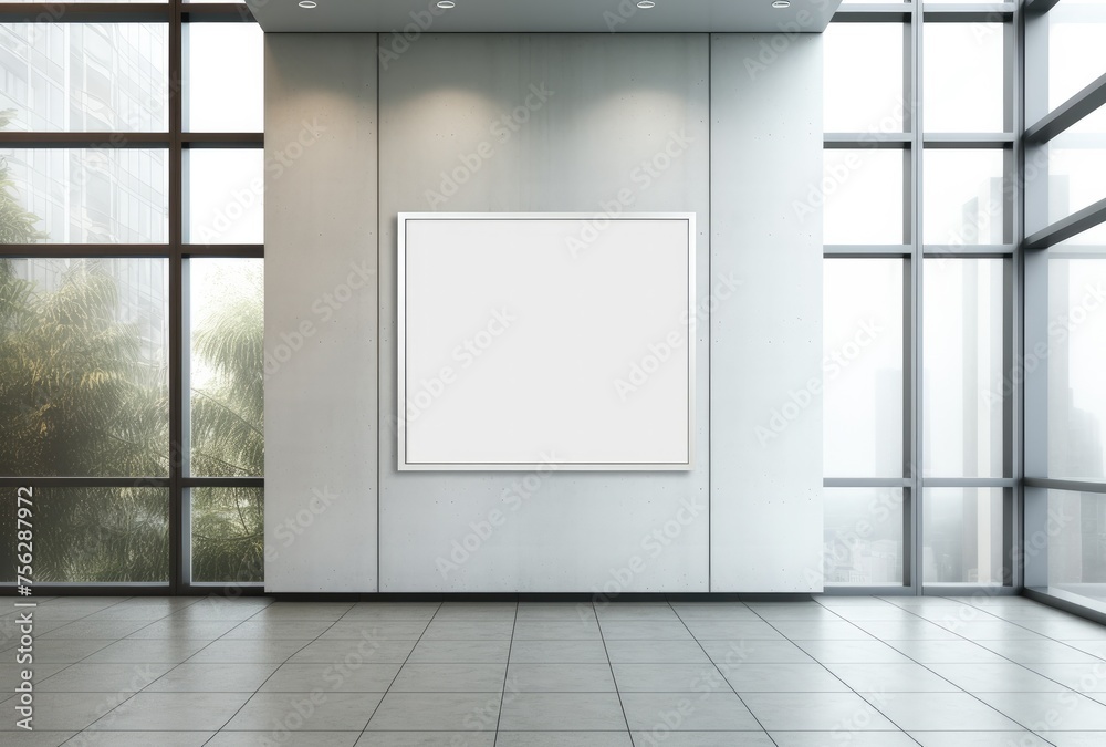 Fototapeta premium White office interior with empty billboard on wall. Mock up.