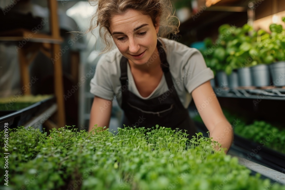 Happy smiling woman taking care of small microgreens plant. Greenhouse seedlings. Happy smiling woman taking care of small microgreens plant. Greenhouse seedlings.