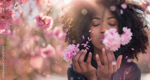 Beautiful black woman blowing pink flower blossoms out of hand, copy space on spring background photo