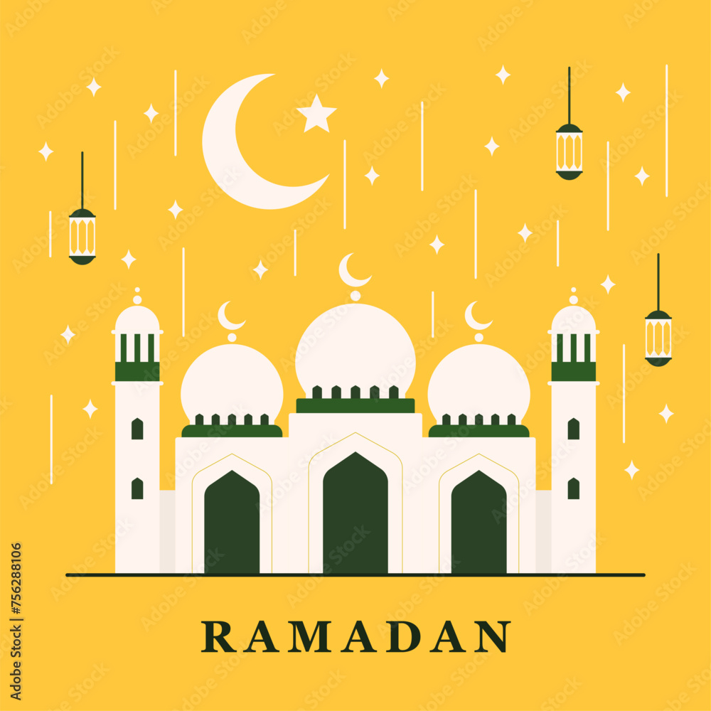 Yellow Ramadan card. Mosque and moon. Vector illustration