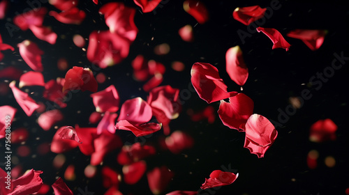 background with falling red rose petals on black