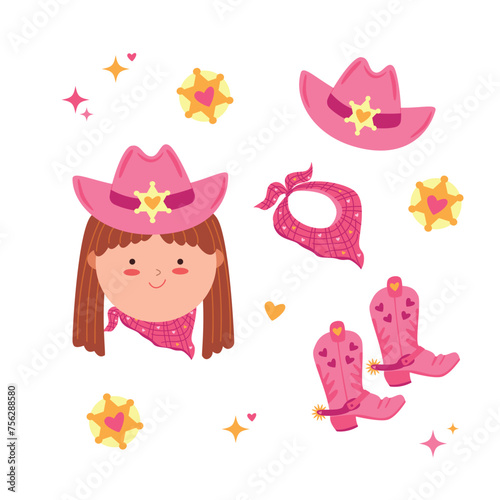 Сowgirl set vector. Cowboy boots, cowboy hat, sheriff star for invitation, wrapping paper, packaging etc.