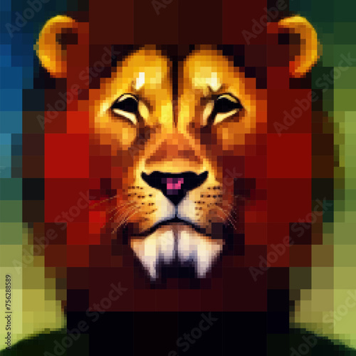 Portrait of anthropomorphic lion. Vector pixelated illustration. Rectangular design.