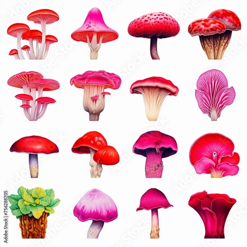 Edible fungi and flora in watercolor detailed botanical set