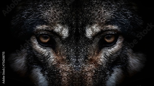 Close up on a wolf eyes on black 