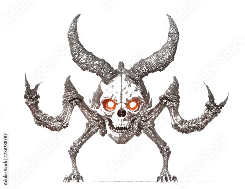 Skull head Monster with horns. Scribble sketch. Linear Vector illustration.