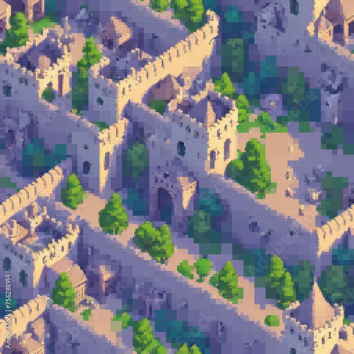 Medieval fortress. Seamless pattern. Vector pixelated illustration. Rectangular design.