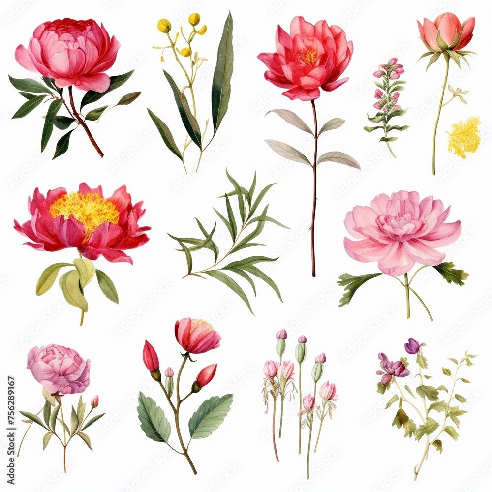 Botanical watercolor illustrations wildflowers and herbs